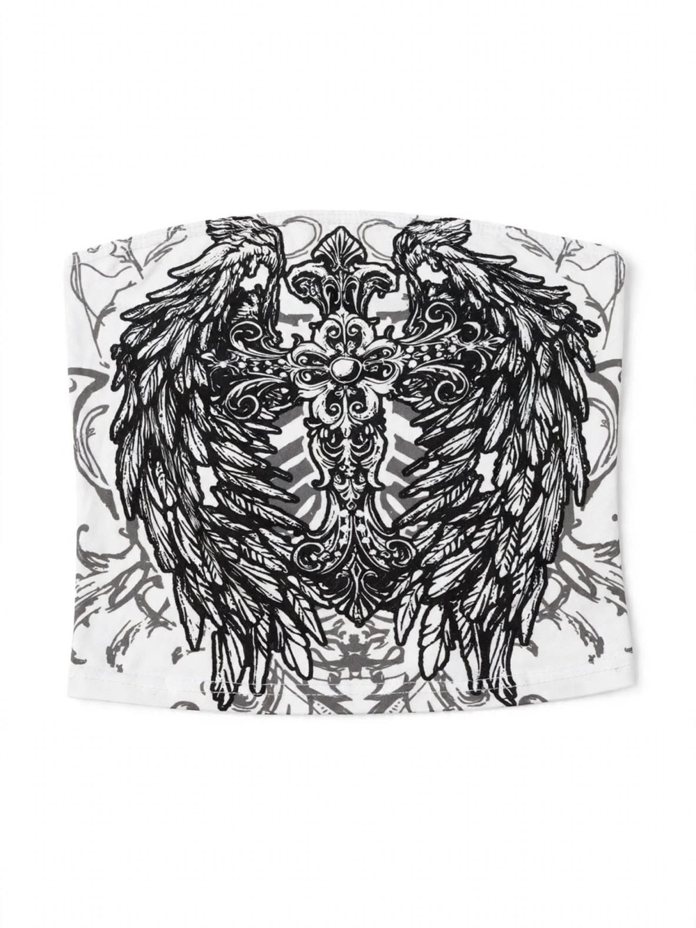 SHEIN White Tube Top with Black Wing & Ornamental Cross Graphic